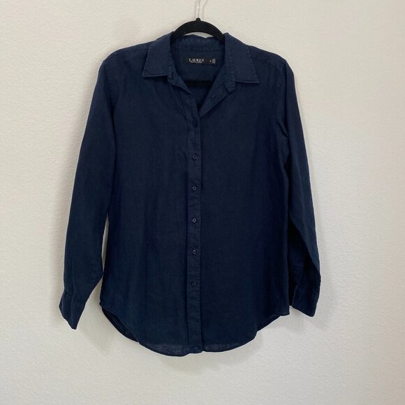 Lauren Ralph Lauren Navy Blue 100% Linen Long Sleeve Button Front Shirt Medium - Picture 1 of 8
